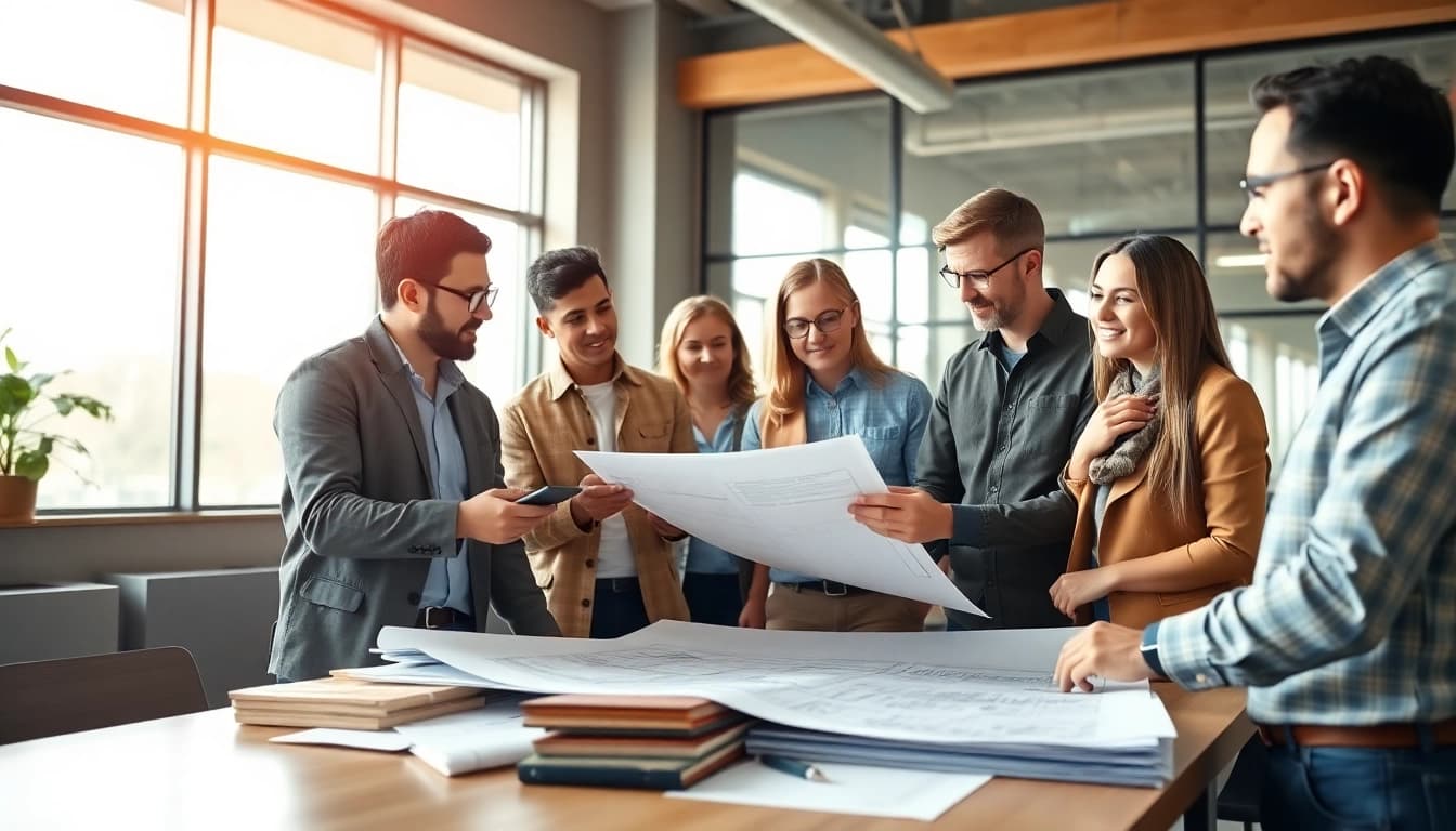 A diverse team from a construction member organization collaborates during a meeting.