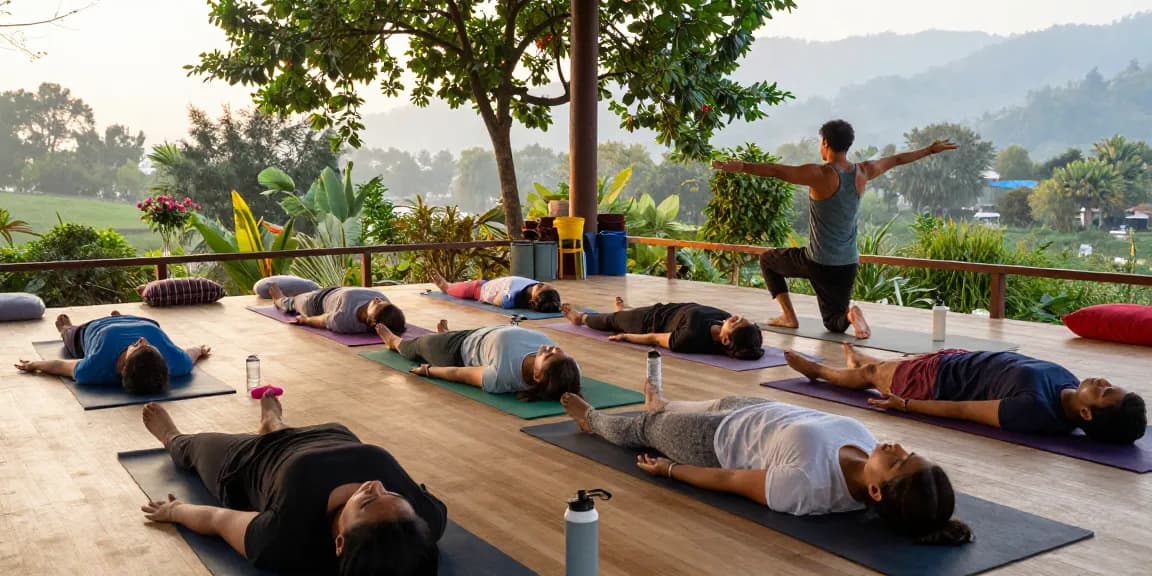 Students engaging in hatha yoga courses at Adhiroha Ashram, Rishikesh, surrounded by serene nature and guided by an instructor.