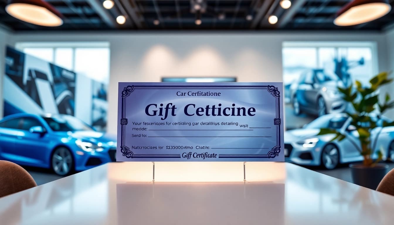 Gift certificate for car detailing showcasing an elegant design and premium service.