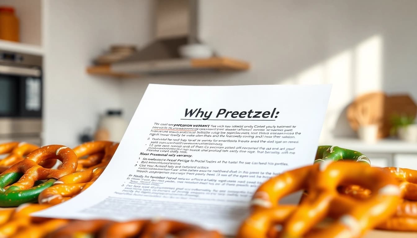 Learn about the why Pretzel warranty with a warranty document and pretzels in a bright kitchen.