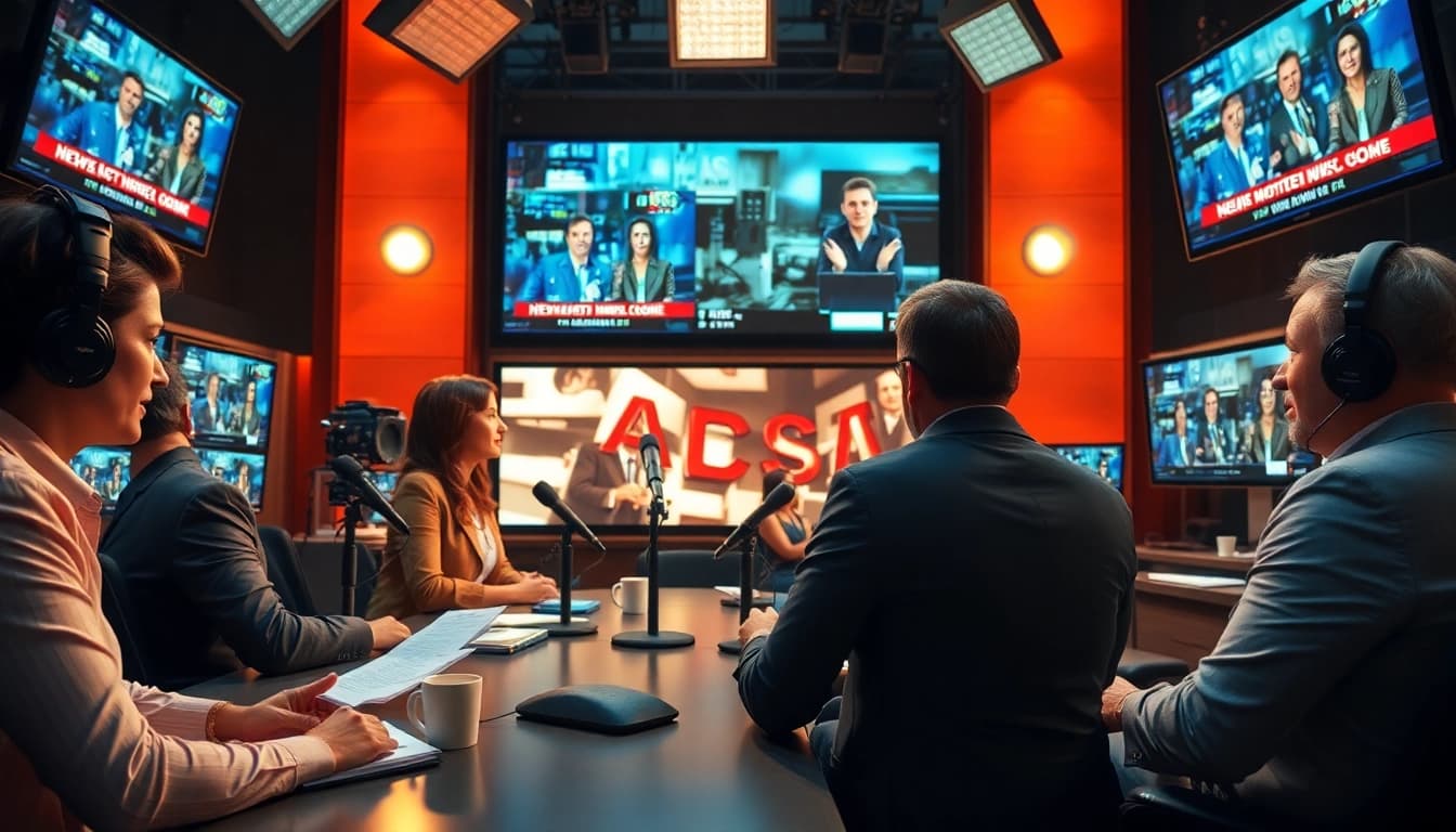 Engaging news discussion among professionals in a dynamic newsroom.