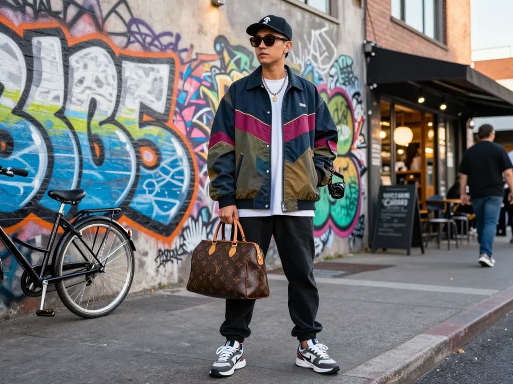 Stylish individual showcasing 레플리카 fashion accessories against urban graffiti backdrop.