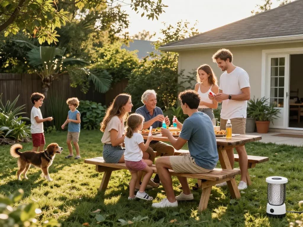 Family applying mosquito repellent while enjoying a backyard barbecue, ensuring a pest-free outdoor experience