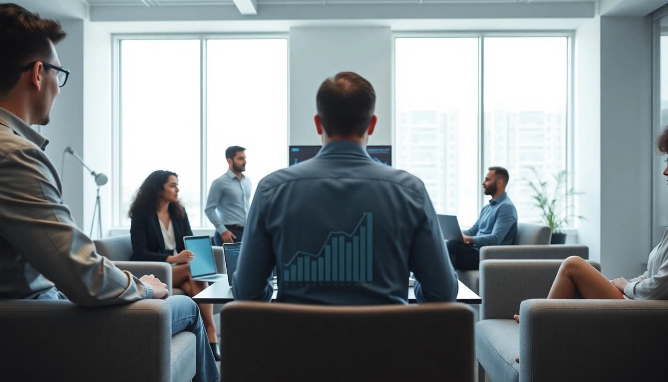 Contact data verification in a modern office environment with professionals discussing data accuracy.