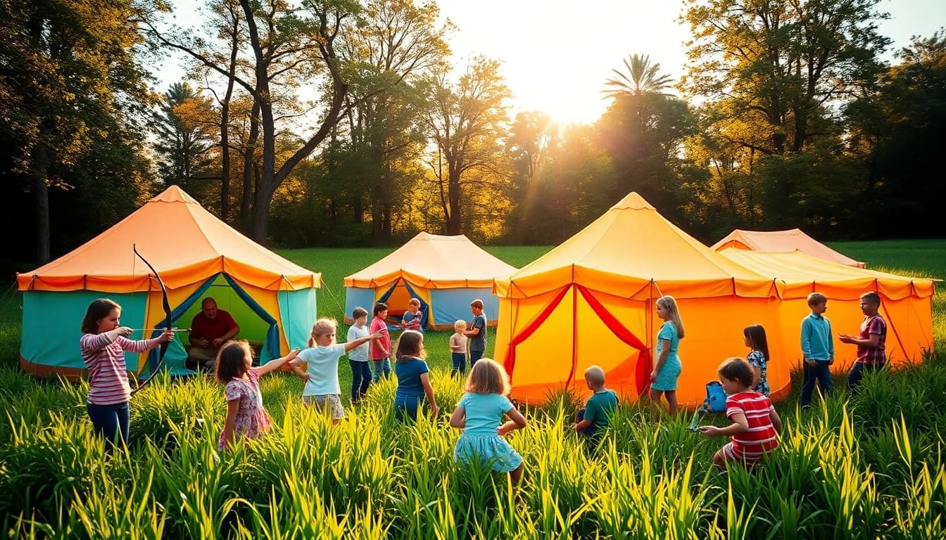 Children participating in fun activities during holiday camps in a vibrant, sunny setting.