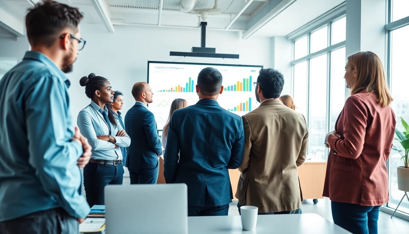 Discussing competitive intelligence strategies during a professional meeting with team members.