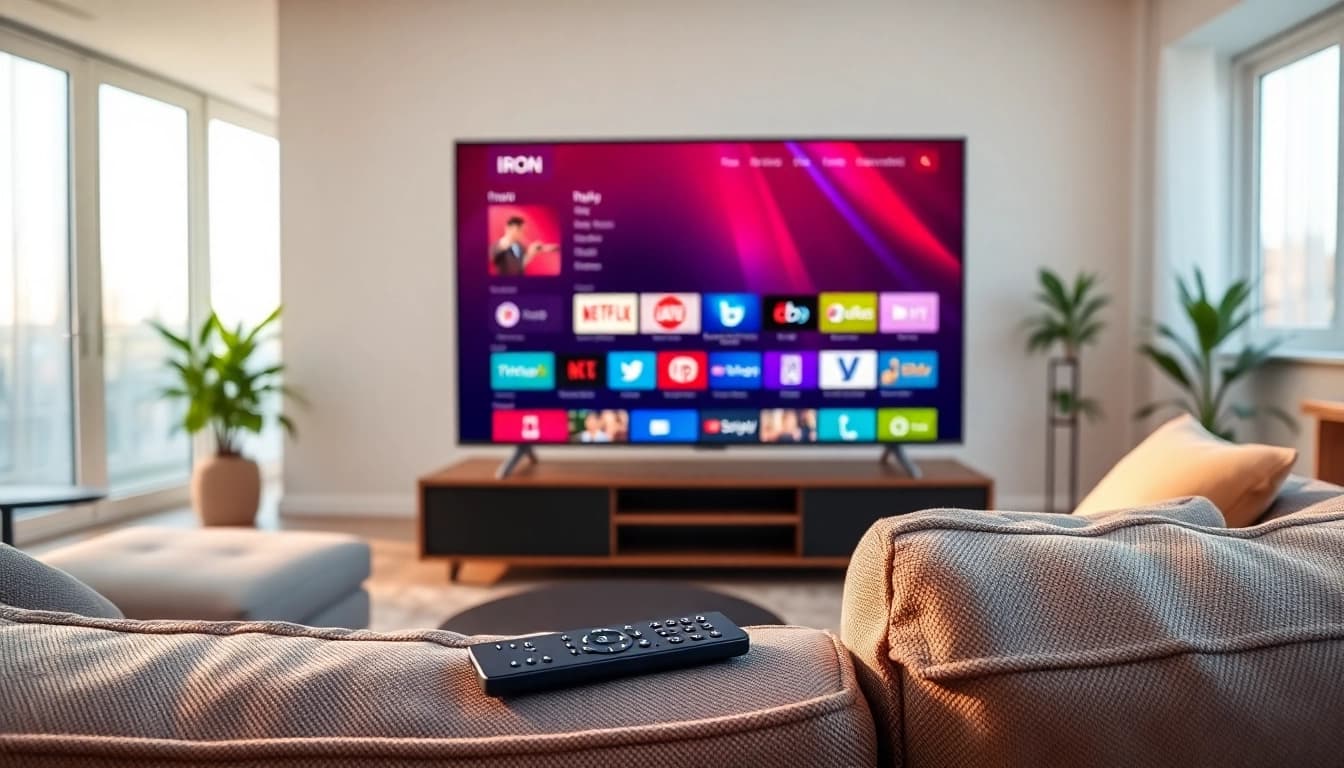 Stream with Iron IPTV on a modern TV in a cozy living room setting.