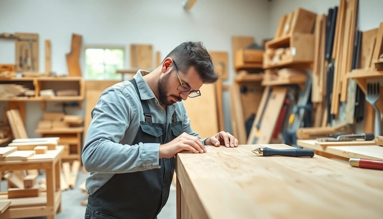 Carpentry apprenticeship demonstrating techniques in a bright wooden workshop.