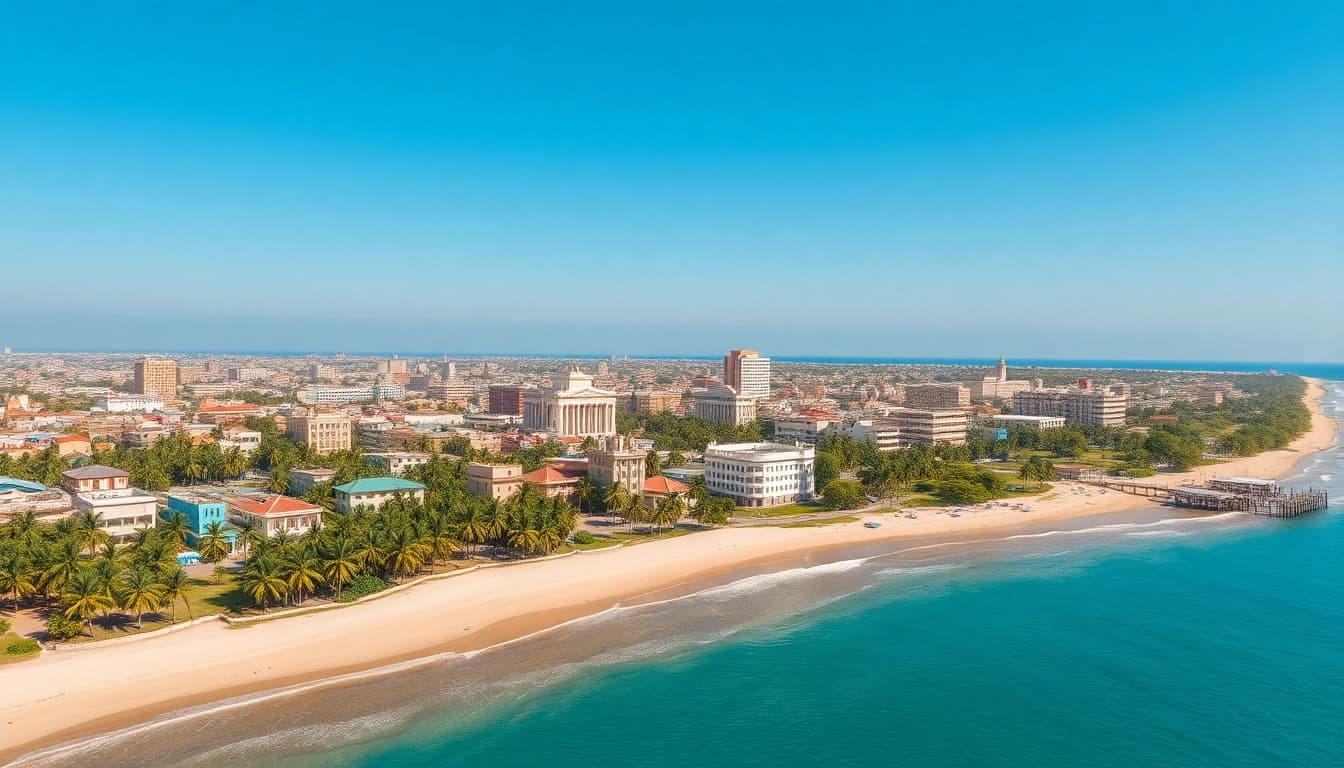 Mogadishu km square features an aerial view highlighting vibrant coastal architecture and lush landscapes.