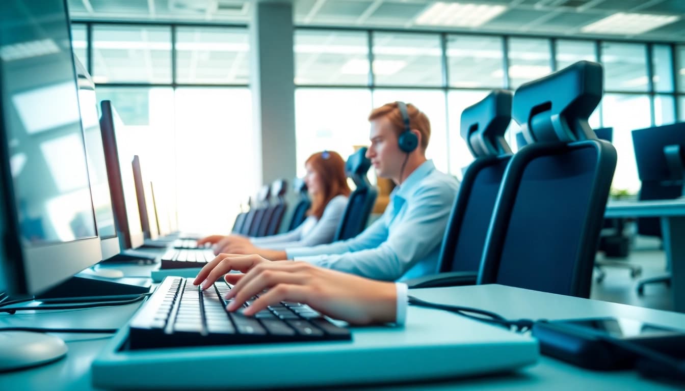 Efficient typists in a modern typing center working with focus and professionalism.