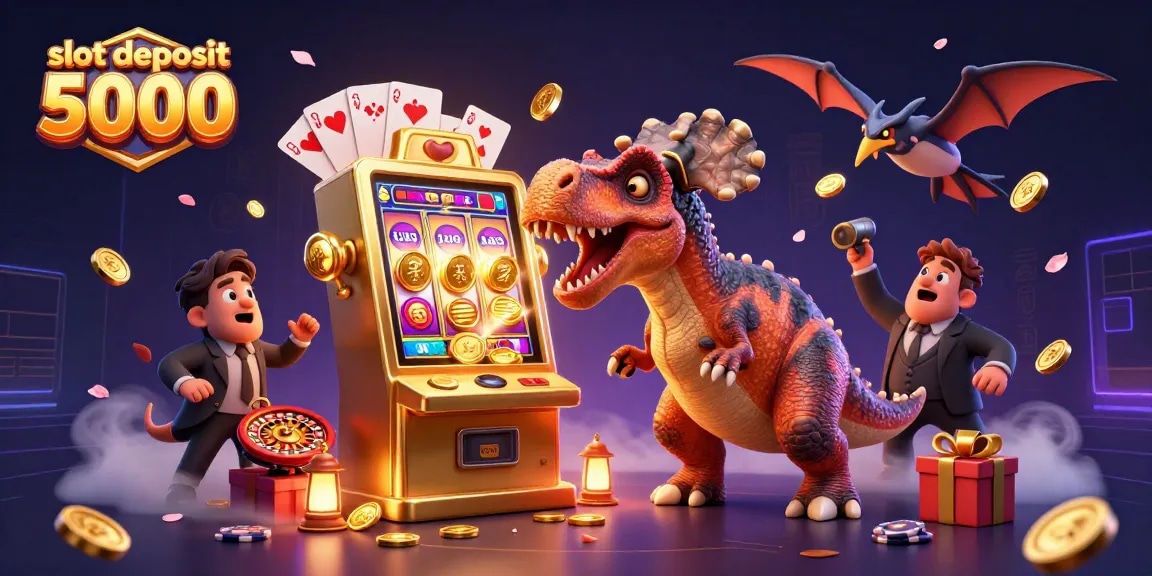 Experience exciting wins at slot deposit 5000 with a dynamic scene featuring cartoon dinosaurs and jackpot excitement.