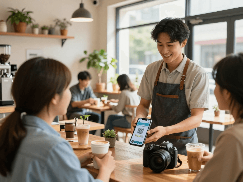 Loyalty app being featured in a bustling café environment, showcasing customer engagement and rewards.