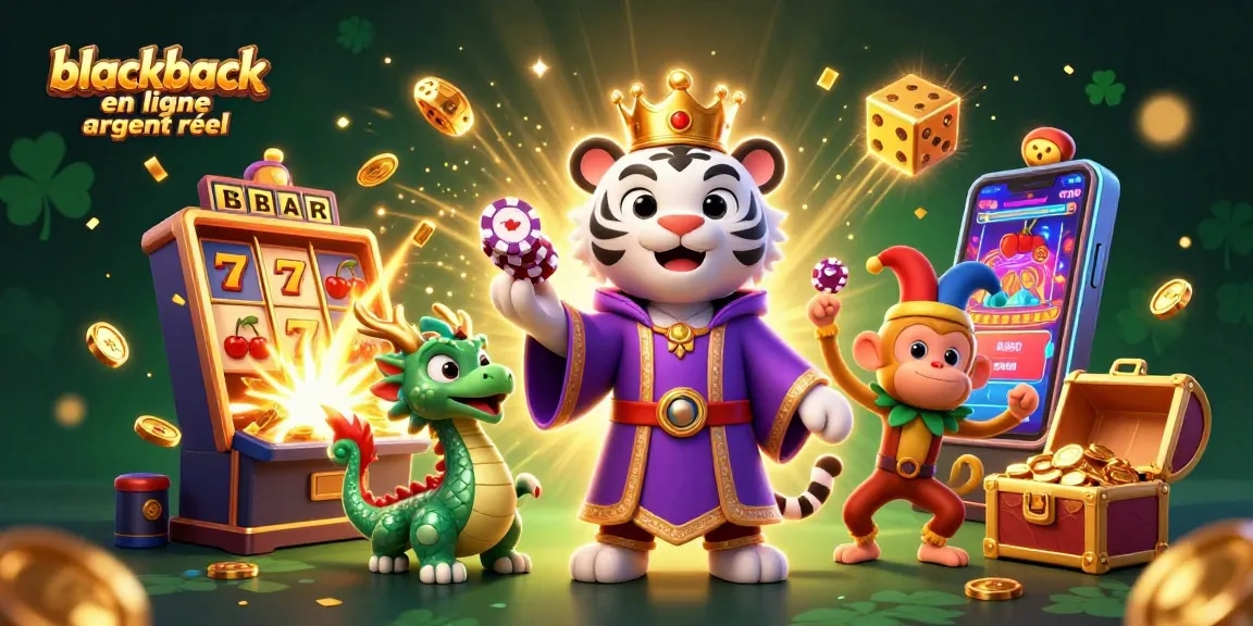 Jouez au blackjack en ligne argent réel avec des personnages colorés dans un casino animé.