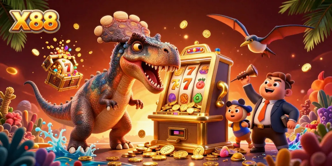 X88 activates a golden jackpot slot machine as a pteranodon catches flying coins in a vibrant casino scene.