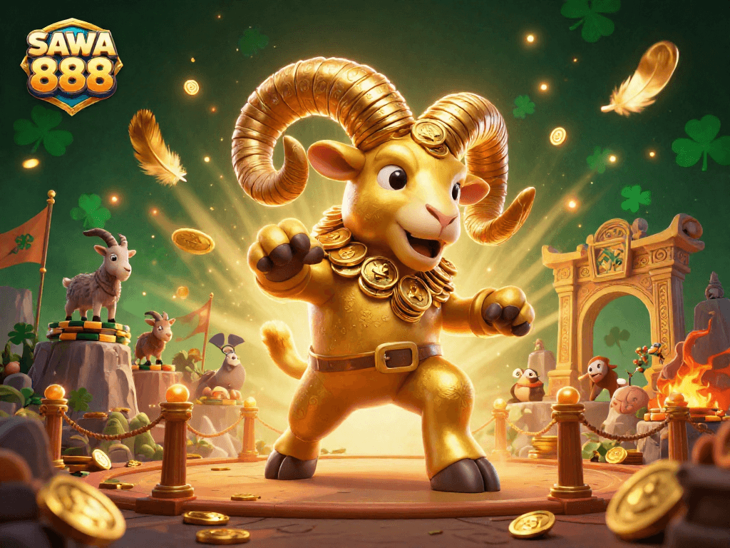 Experience the excitement of SAWA 888 with a golden ram and dynamic gaming elements in a vibrant casino scene.