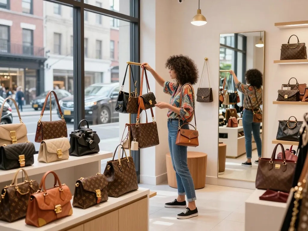 Shopper exploring high-quality 레플리카 사이트 offerings at a trendy urban boutique, surrounded by stylish designer replicas.