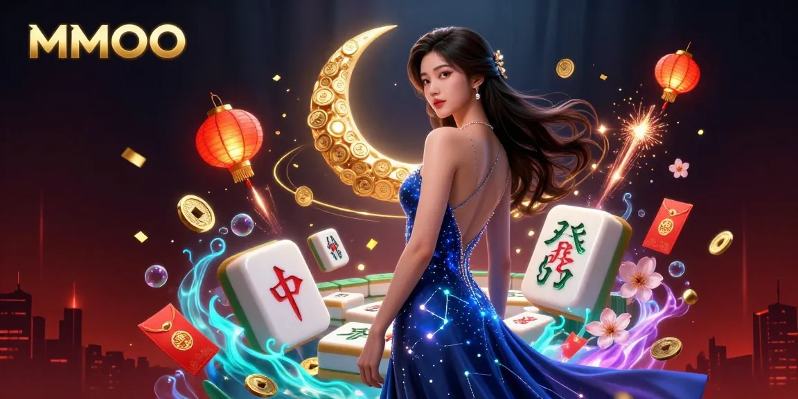 Engage with MMOO Casino's vibrant atmosphere featuring lucky symbols and a stunning Asian beauty.