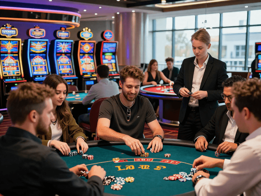 Experience the excitement of the best EU online casinos with players enjoying vibrant games in a lively atmosphere.
