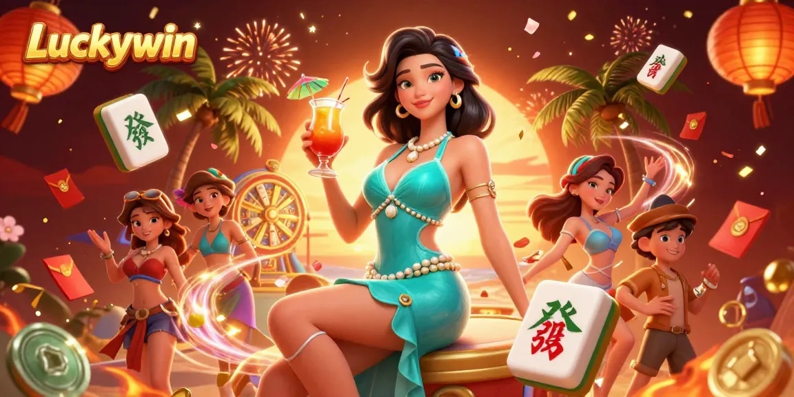 Win big at Luckywin with this vibrant casino illustration showcasing excitement and celebration.