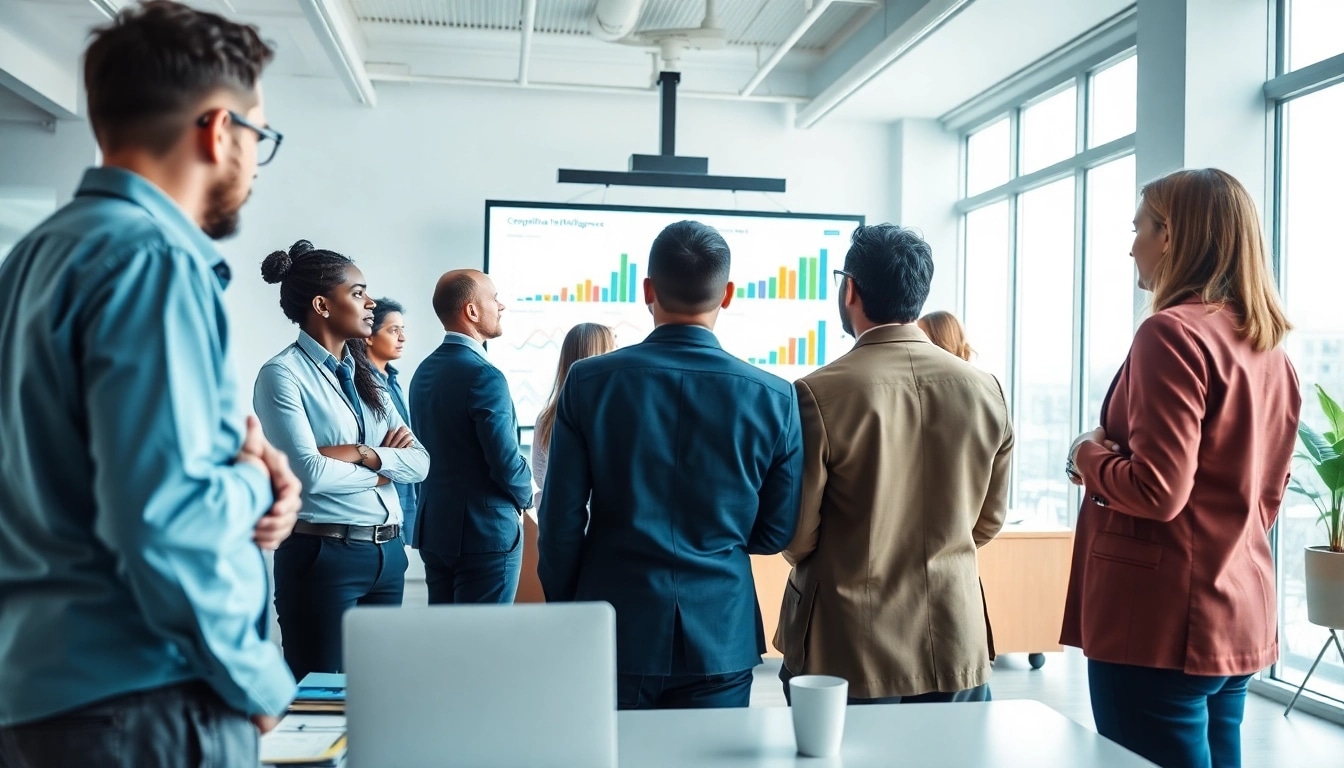 Discussing competitive intelligence strategies during a professional meeting with team members.