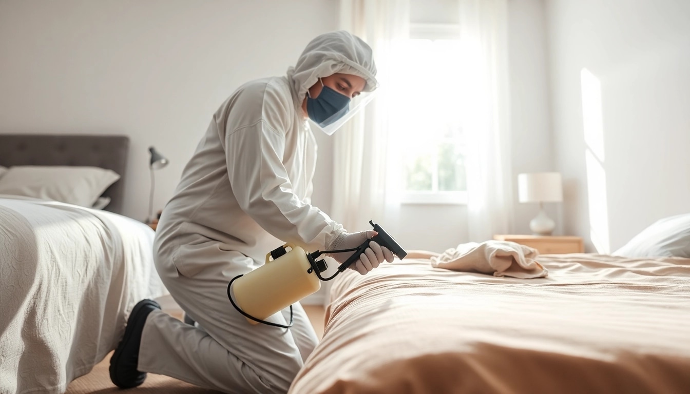 Applying bed bug chemical treatment by a pest control expert in a bright bedroom.