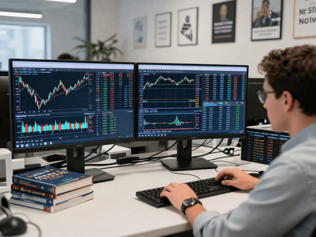 交易者使用MetaTrader 5分析金融图表，展示市场深度和多个订单类型。