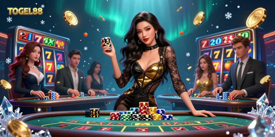 Win big with TOGEL88 at a glamorous baccarat table, showcasing high-value chips and vibrant casino elements.