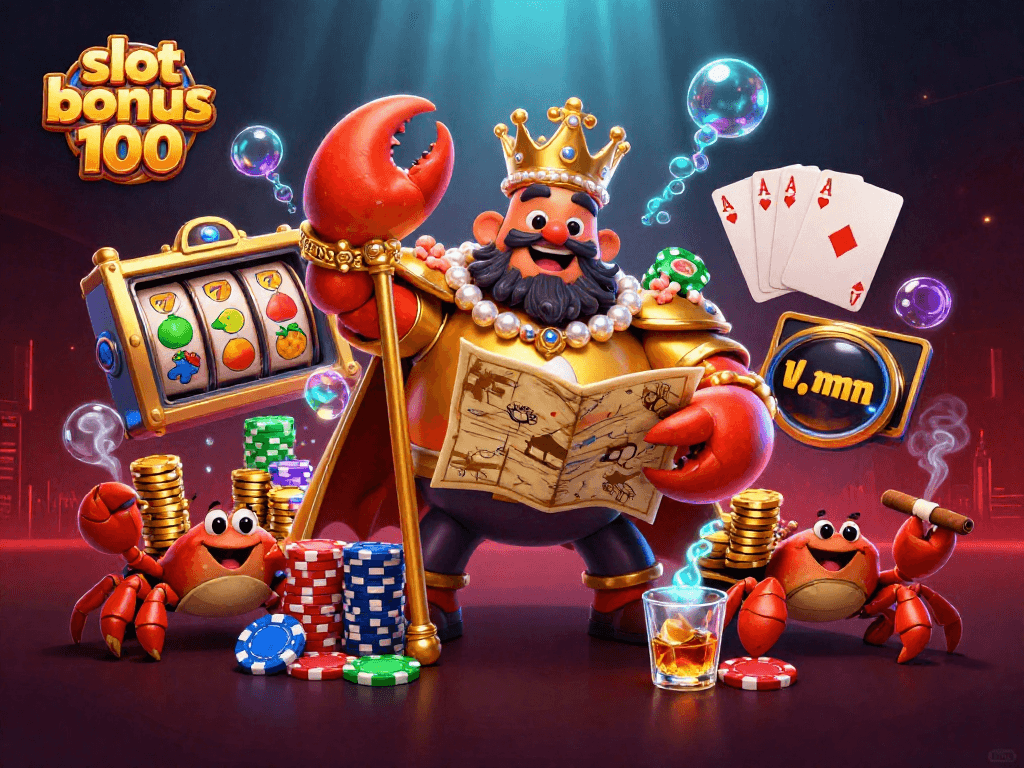 Experience the thrill of slot bonus 100 with vibrant 3D illustrations of a golden crab emperor and slot reels.