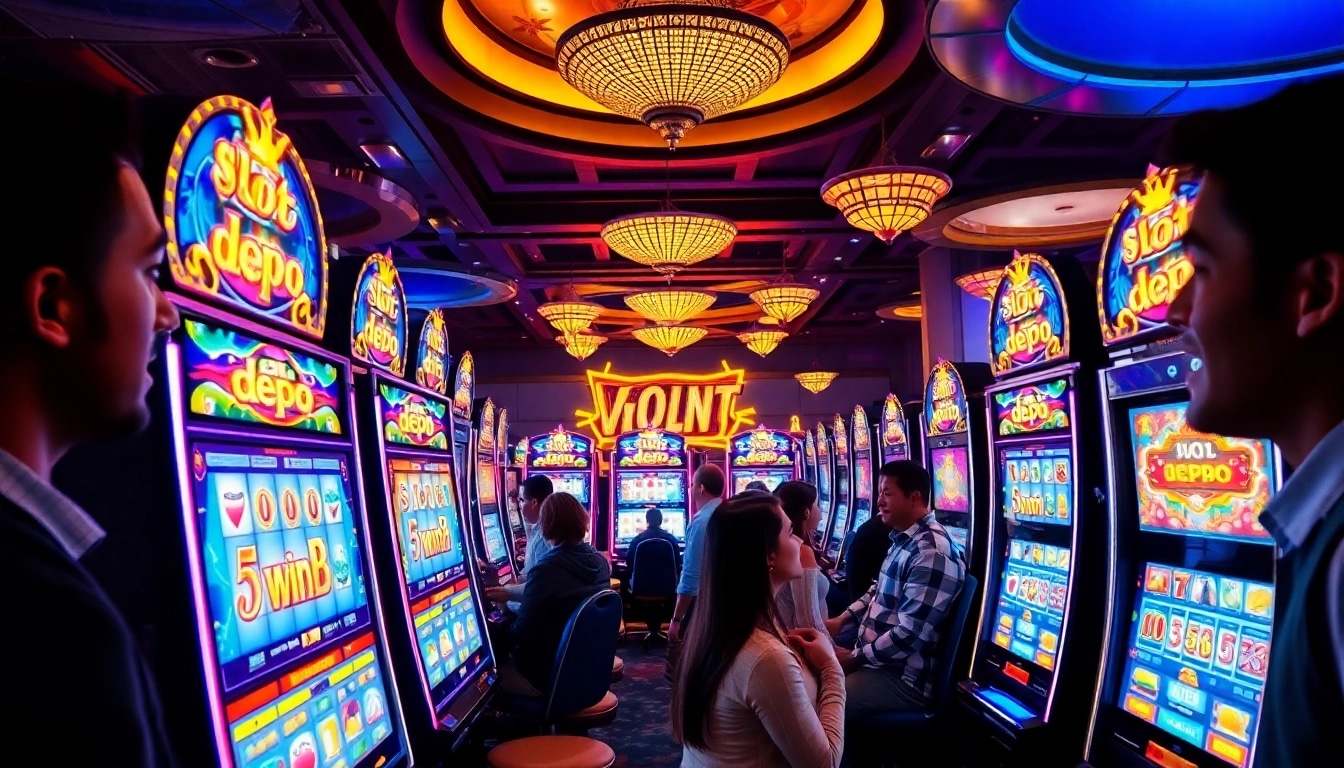 Pemain menikmati kegembiraan Slot Depo 5rb di mesin slot kasino yang penuh warna.