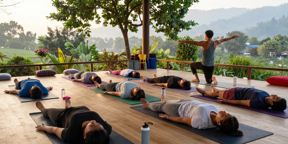 Students engaging in hatha yoga courses at Adhiroha Ashram, Rishikesh, surrounded by serene nature and guided by an instructor.