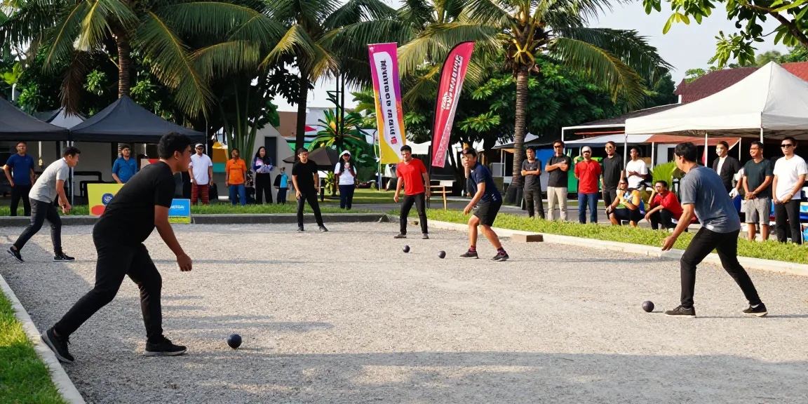 Peserta olahraga petanque bermain di fopikotamanado.org dengan suasana ceria di taman kota, menunjukkan aksi, penonton, dan aksesori olahraga.