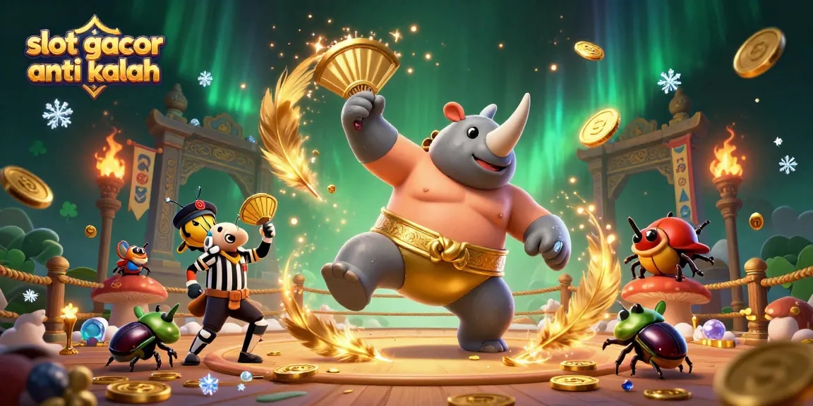 Experience the excitement of slot gacor anti kalah with a dynamic casino illustration filled with gold coins and vibrant characters.