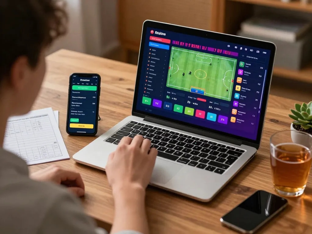 Engaging online betting session featuring 388bet app on laptop, focused user with strategy notes.