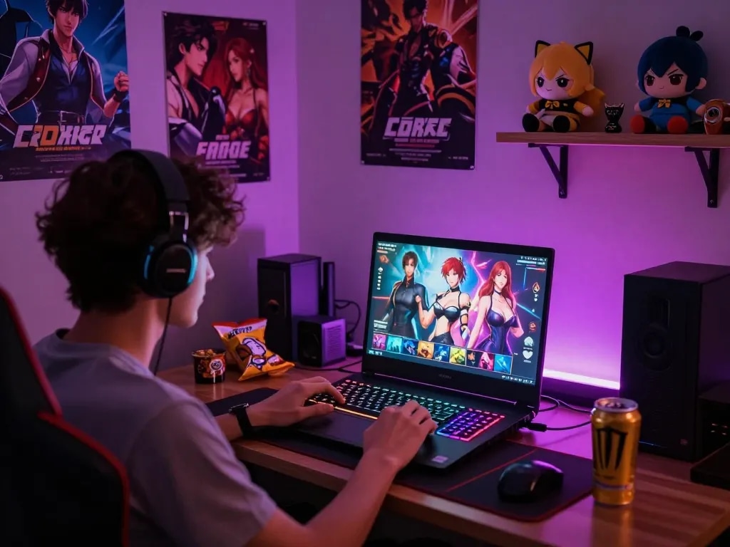 Engaged player experiencing degrees of lewdity in an immersive gaming environment with vibrant lighting and character displays.