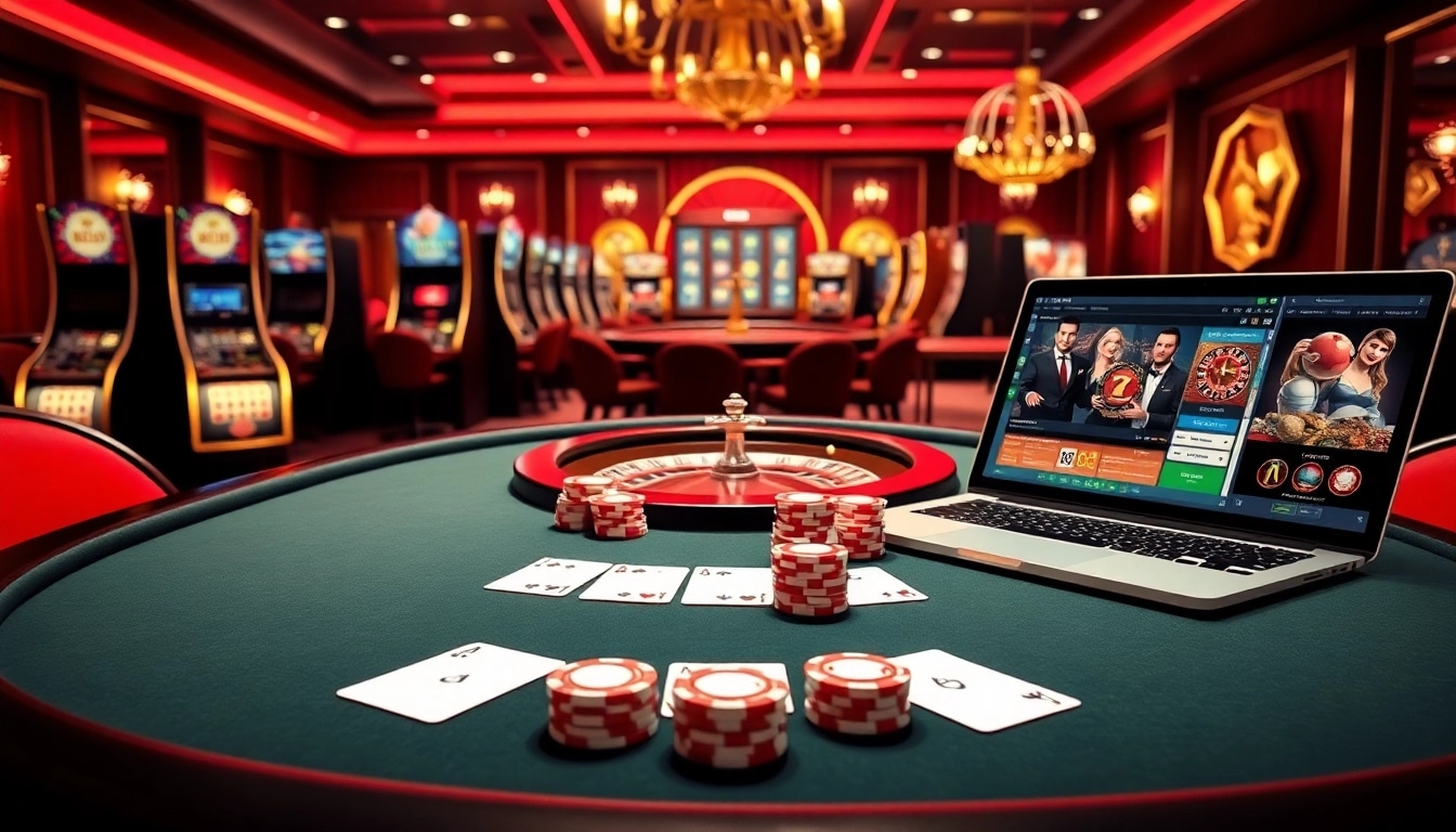 Plongez dans l'excitation du casino en ligne France avec des jetons de poker colorés et des tables de jeu élégantes.