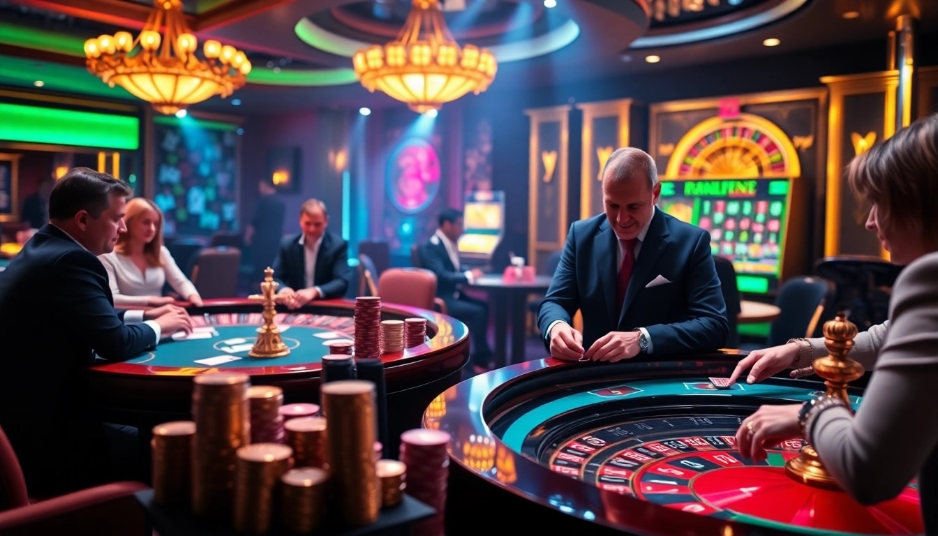 Scène captivante d'un casino en ligne Français sophistiqué montrant l'excitation avec des tables de poker et de roulette.