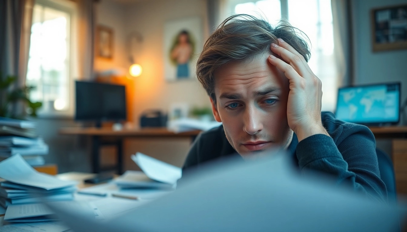 Person experiencing brain fog struggles with focus in a cluttered home office.