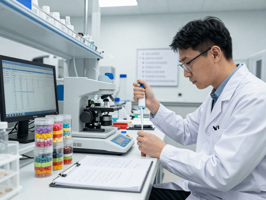 NAD+ Benefits highlighted in a modern lab with a scientist examining innovative buccal strips