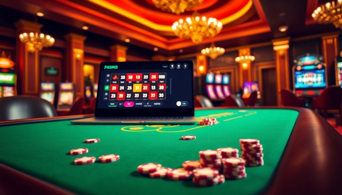 Atmosphère engageante de casino en ligne Français mettant en avant des tables de poker, des jetons et une roue de roulette.