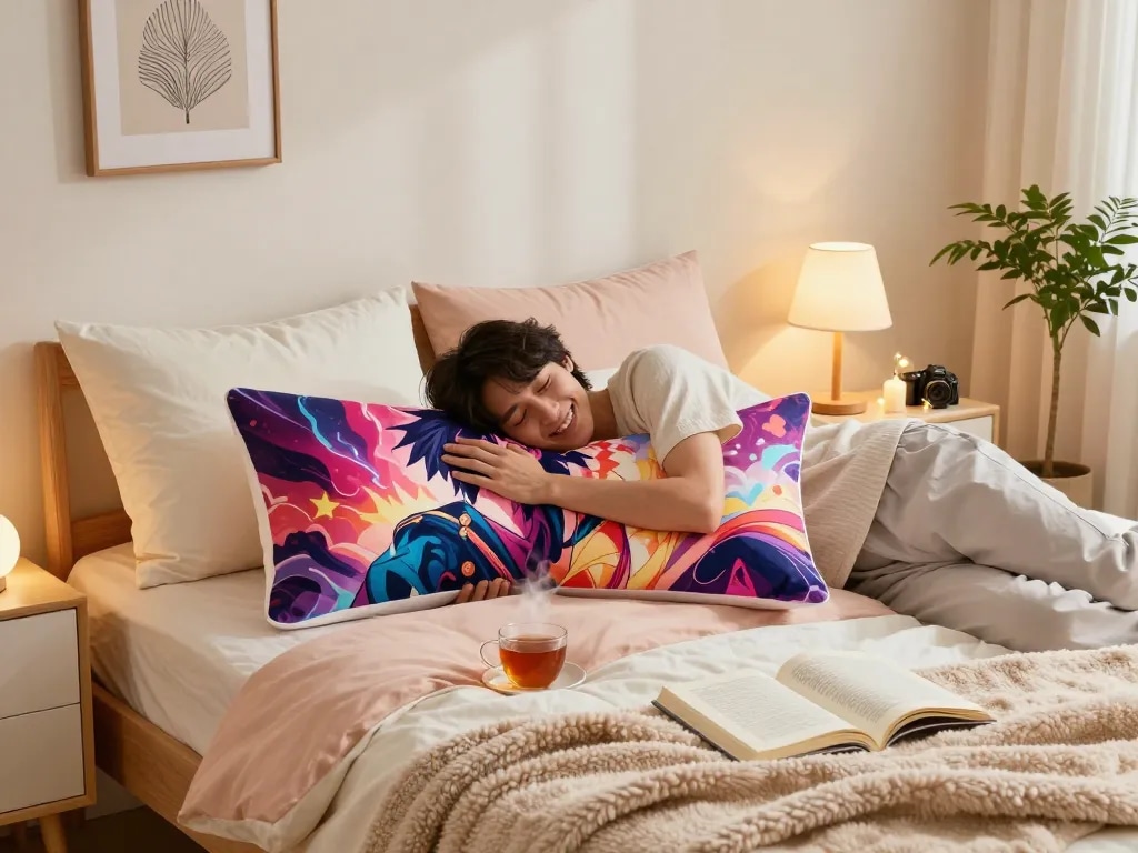 Embracing a custom body pillow in a cozy bedroom with soft lighting.