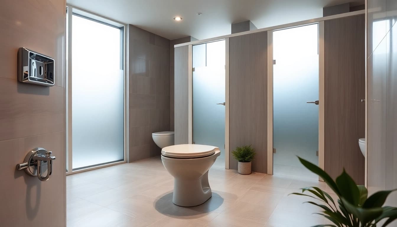 Visual representation of commercial toilet refurbishment featuring sleek restroom installations.