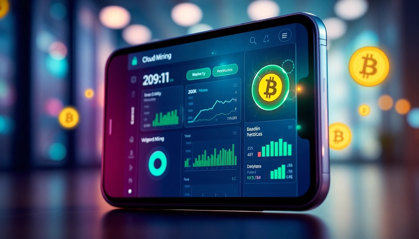 Innovative cloud mining app interface displayed on a smartphone with real-time statistics and Bitcoin metrics.
