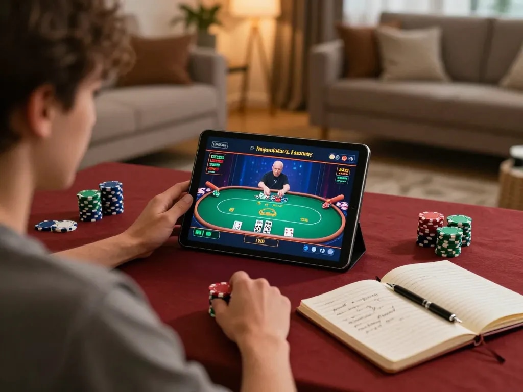 Engaging scene of a player immersed in top quality widgets for a poker game on a tablet.