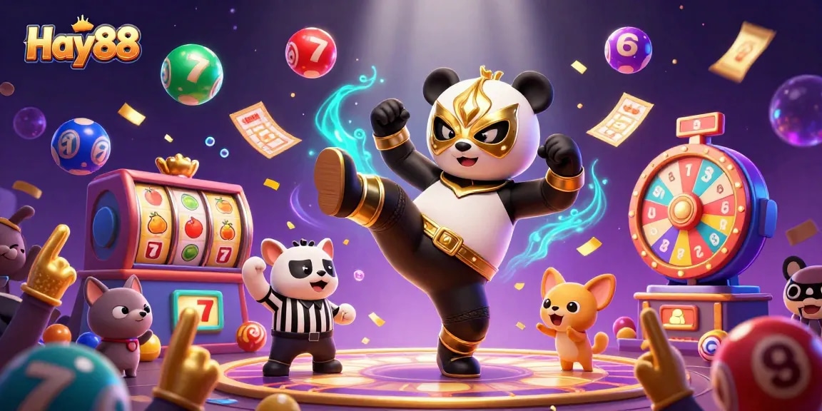 Experience excitement with Hay88's thrilling slots and jackpot games in a dynamic cartoon scene.