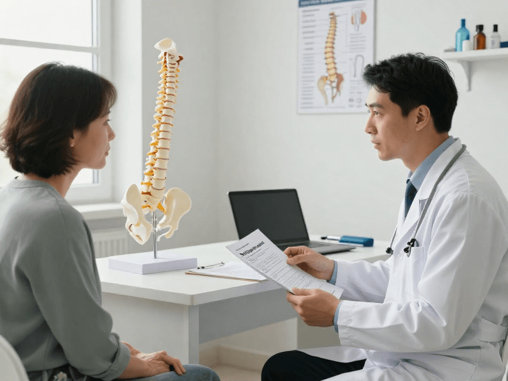 Bel fıtığı ameliyatı consultation scene with doctor and patient in a clinical setting.