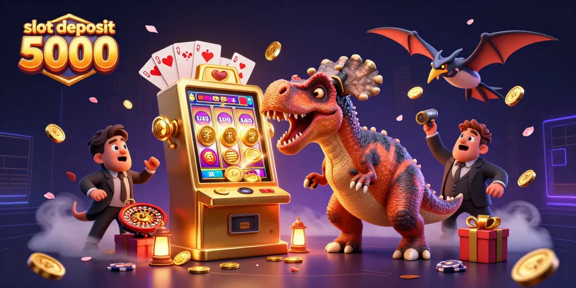 Experience exciting wins at slot deposit 5000 with a dynamic scene featuring cartoon dinosaurs and jackpot excitement.
