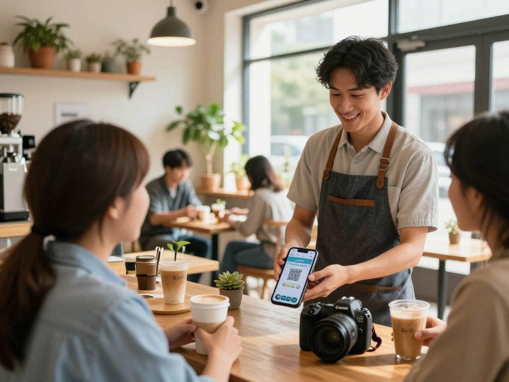 Loyalty app being featured in a bustling café environment, showcasing customer engagement and rewards.