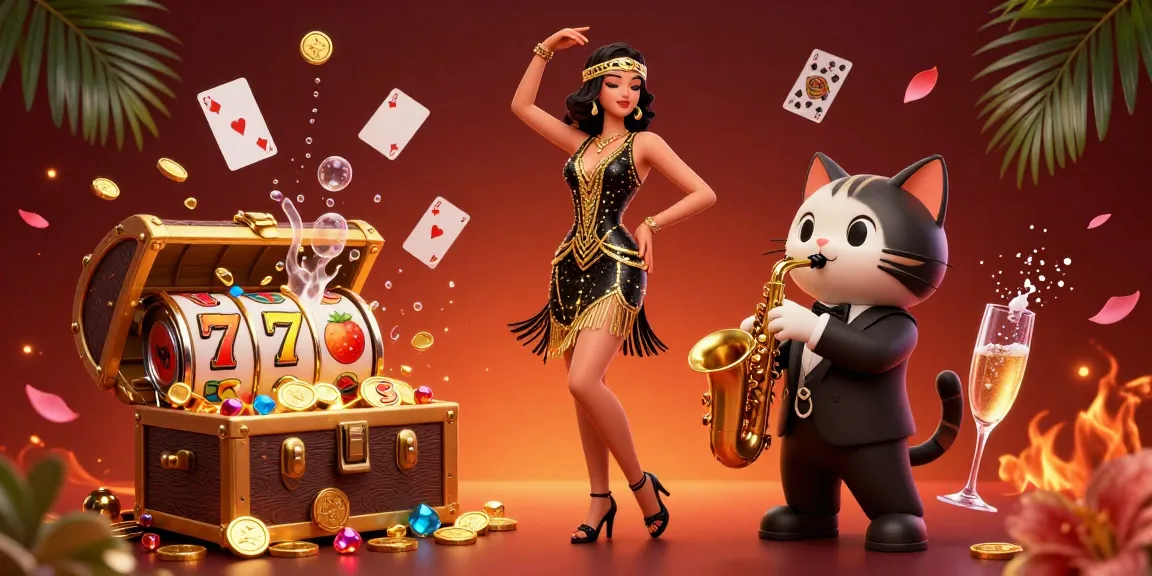 Engaging scene showcasing kra103 сайт официальный with a flapper and a saxophone-playing cat amid vibrant casino elements.