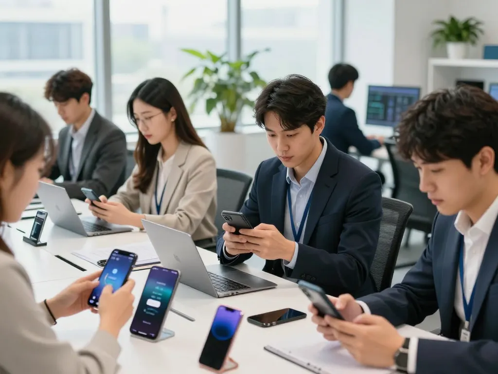 현대 사무실에서 폰테크 모바일 거래를 기기와 함께 탐색하는 전문직 종사자들.