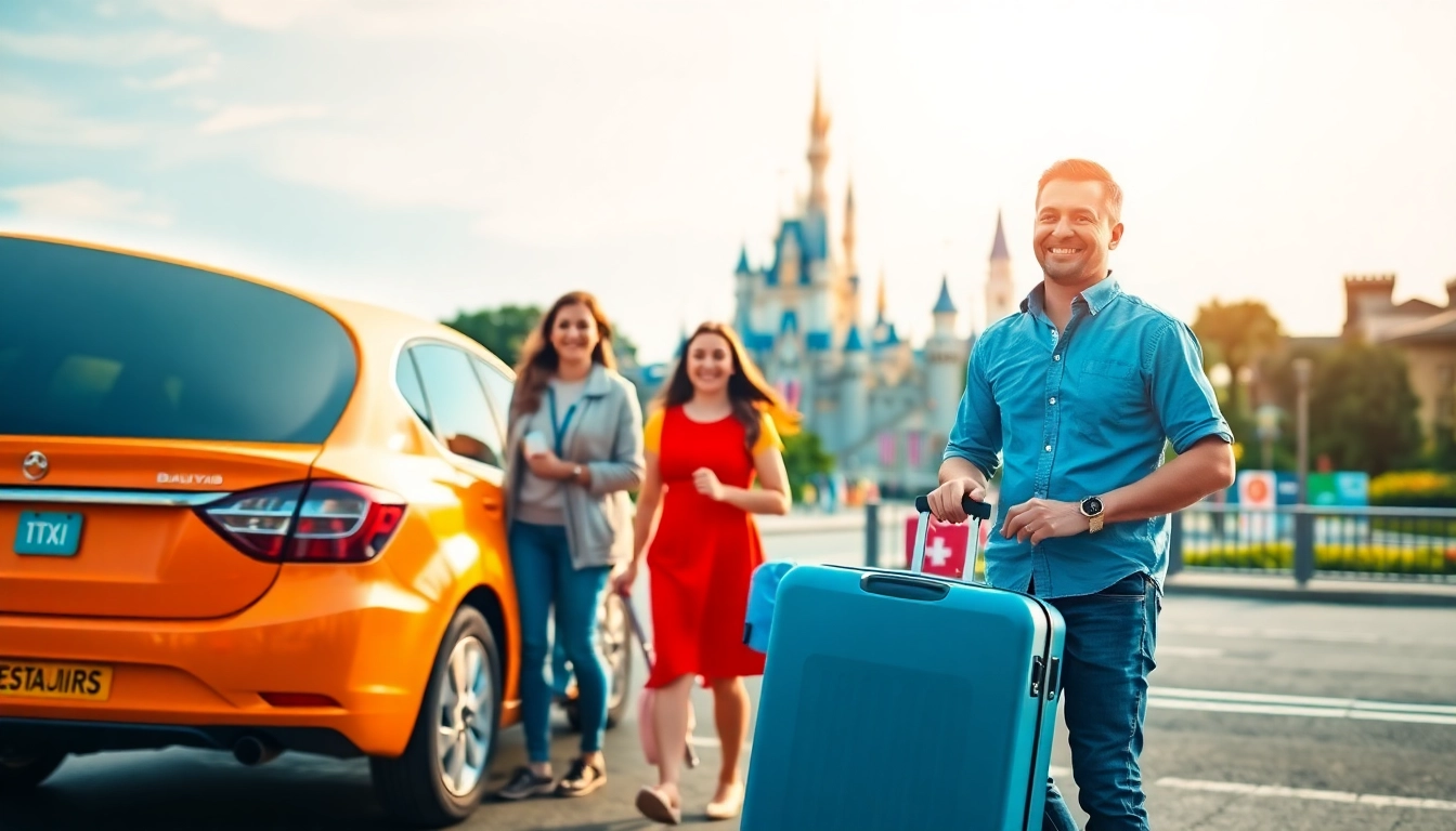 Family enjoying their Beauvais Airport to Disney Transfer, smiling in front of a vibrant shuttle.